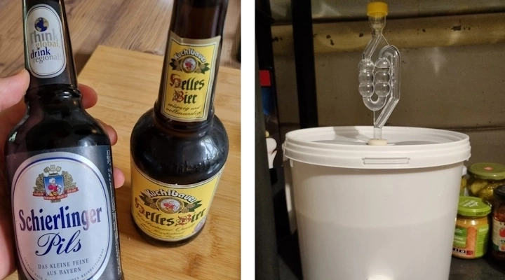 eine Flasche Schierlinger Pils neben dem Gär-Eimer